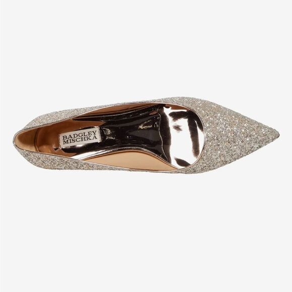 Jewel Badgley Mischka Royalty Gold Glitter Pointed Toe Kitten Heel 6.5 NWT $245 - Picture 6 of 11